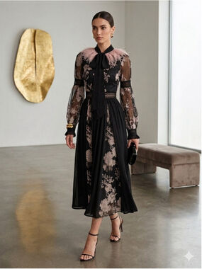 Shikan Black Lace Floral Mesh Midi Dress Neck Tie-Neck Whimsigoth M